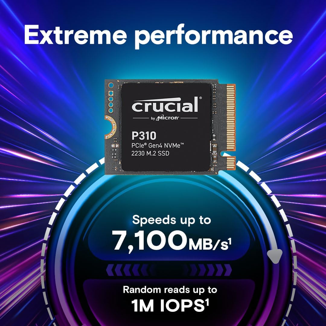 Crucial P310 SSD 1TB M.2 2230 NVMe PCIe Gen4 Internal SSD, Up to 7,100 MB/s, Compatibile with Steam Deck, ASUS ROG Ally, MSI Claw & Microsoft Surface, Solid State Drive - CT1000P310SSD2