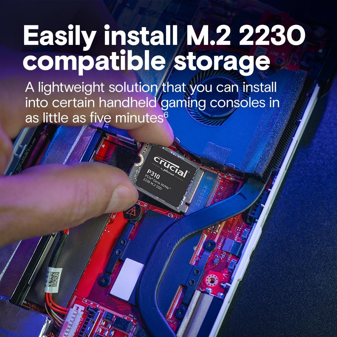 Crucial P310 SSD 1TB M.2 2230 NVMe PCIe Gen4 Internal SSD, Up to 7,100 MB/s, Compatibile with Steam Deck, ASUS ROG Ally, MSI Claw & Microsoft Surface, Solid State Drive - CT1000P310SSD2