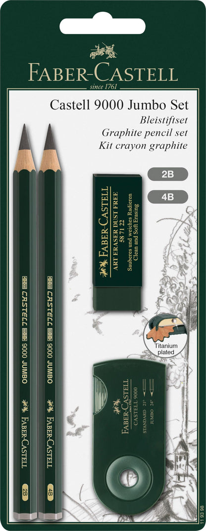 Faber-Castell 4 Piece Quality Castell 9000 Jumbo Graphite Pencils Blister Card Set, Including 2B, 4B, Double Hole Sharpening Box for Standard and Jumbo Black Lead Pencils, Dust-Free Vinyl Eraser