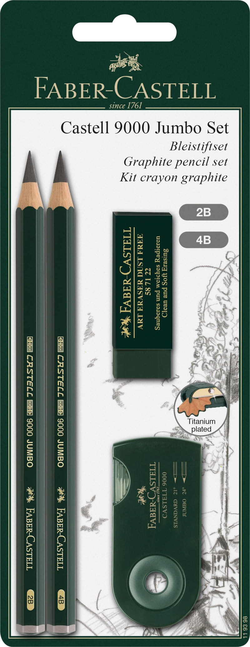 Faber-Castell 4 Piece Quality Castell 9000 Jumbo Graphite Pencils Blister Card Set, Including 2B, 4B, Double Hole Sharpening Box for Standard and Jumbo Black Lead Pencils, Dust-Free Vinyl Eraser