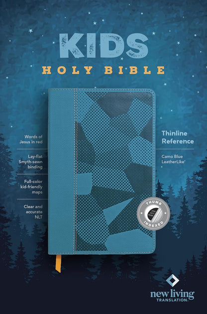 NLT Kids Bible, Thinline Reference Edition (Leatherlike, Camo Blue, Indexed, Red Letter)