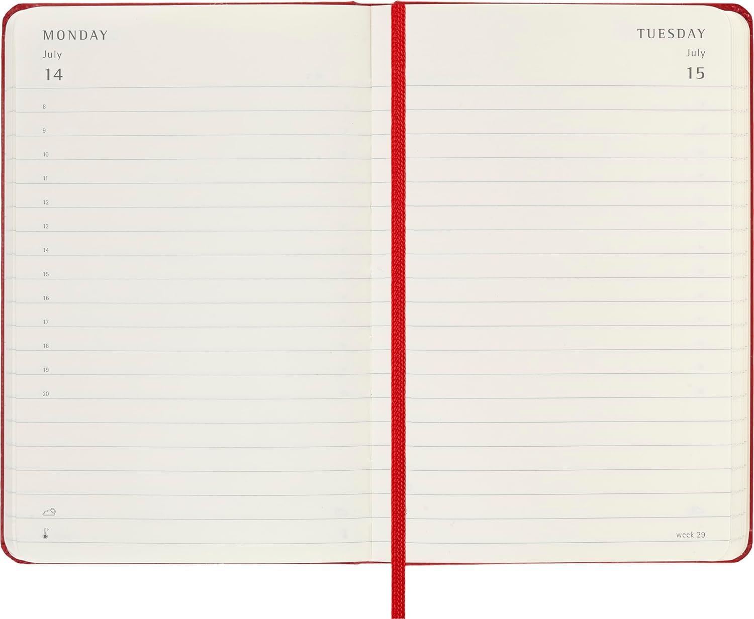 Moleskine Daily Planner, 12 Monate Tagesplaner 2025, Fester Einband und Elastischer Verschluss, Farbe ScharlachRot, TaschenFormat 9x14 cm