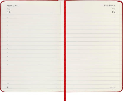 Moleskine Daily Planner, 12 Monate Tagesplaner 2025, Fester Einband und Elastischer Verschluss, Farbe ScharlachRot, TaschenFormat 9x14 cm