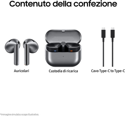 Samsung Galaxy Buds3 Auricolari open type True Wireless, Cancellazione adattiva del rumore, Audio Hi-Fi 360 immersivo, Batteria a lunga durata, Impermeabilità IP57, Silver 2024