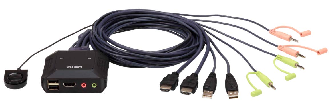 ATEN 2-Port USB 4K HDMI Cable KVM Switch with Remote Port Selector CS22H (up to 4096 x 2160 @ 60Hz, HDCP 2.2) For Windows, Mac, Linux - One KVM console controls two USB HDMI computers