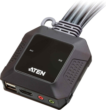 ATEN 2-Port USB 4K HDMI Cable KVM Switch with Remote Port Selector CS22H (up to 4096 x 2160 @ 60Hz, HDCP 2.2) For Windows, Mac, Linux - One KVM console controls two USB HDMI computers