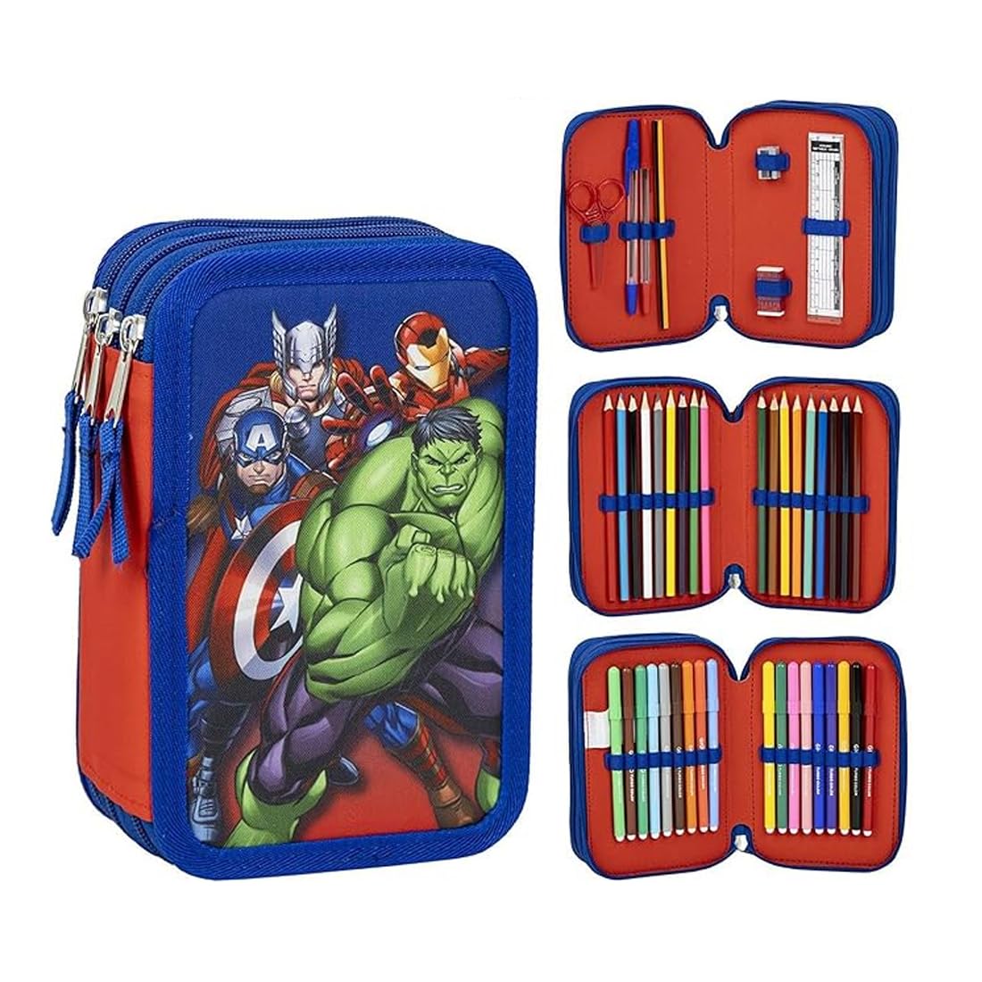 Cerda Avengers School Pencil Case with 1 HB Pencil, 2 Pens, 1 Scissor, 1 Eraser, 1 Sharpener, 1 Ruler, 18 Pencil Colours and 18 Giotto Felt Tips Pens