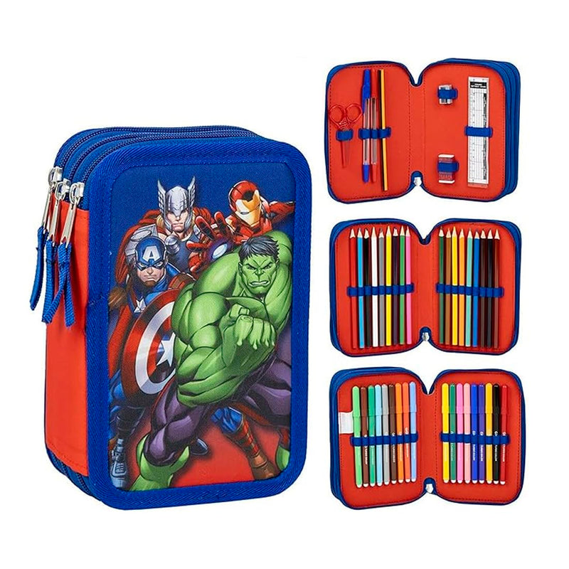 Cerda Avengers School Pencil Case with 1 HB Pencil, 2 Pens, 1 Scissor, 1 Eraser, 1 Sharpener, 1 Ruler, 18 Pencil Colours and 18 Giotto Felt Tips Pens