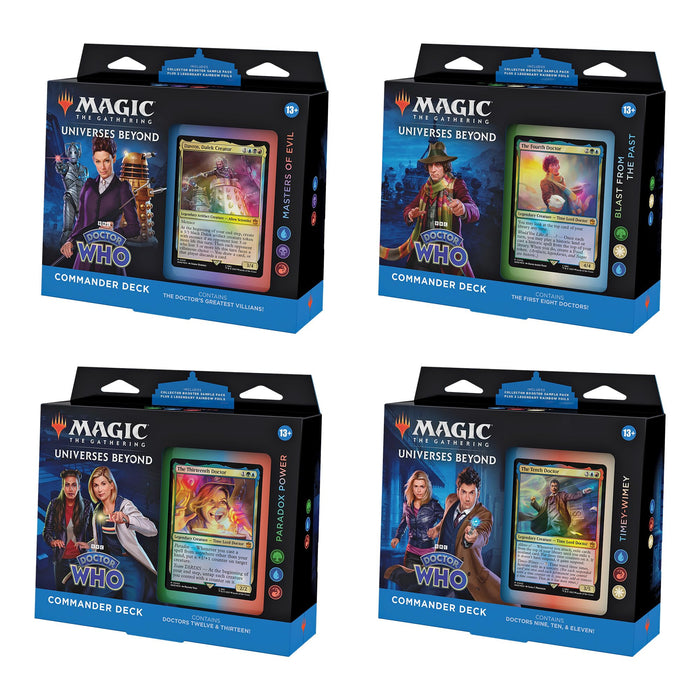 Magic The Gathering Doctor Who Commander Deck Bundle - Includes All 4 Decks (1 Masters of Evil, 1 Blast from The Past, 1 Timey-Wimey, and 1 Paradox Power Deck Set