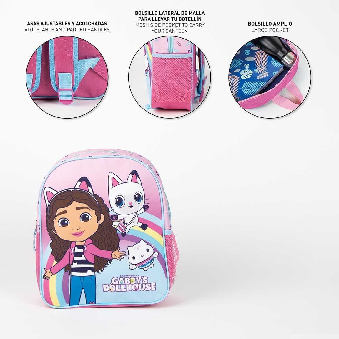 CERDÁ LIFE'S LITTLE MOMENTS Kinderrucksack von Gabby's Dollhouse, Rosa, Reißverschluss, 25 x 20 x 29 cm, Schulrucksack, gepolsterte Griffe, Originalprodukt, entworfen in Spanien, Rosa, Estándar