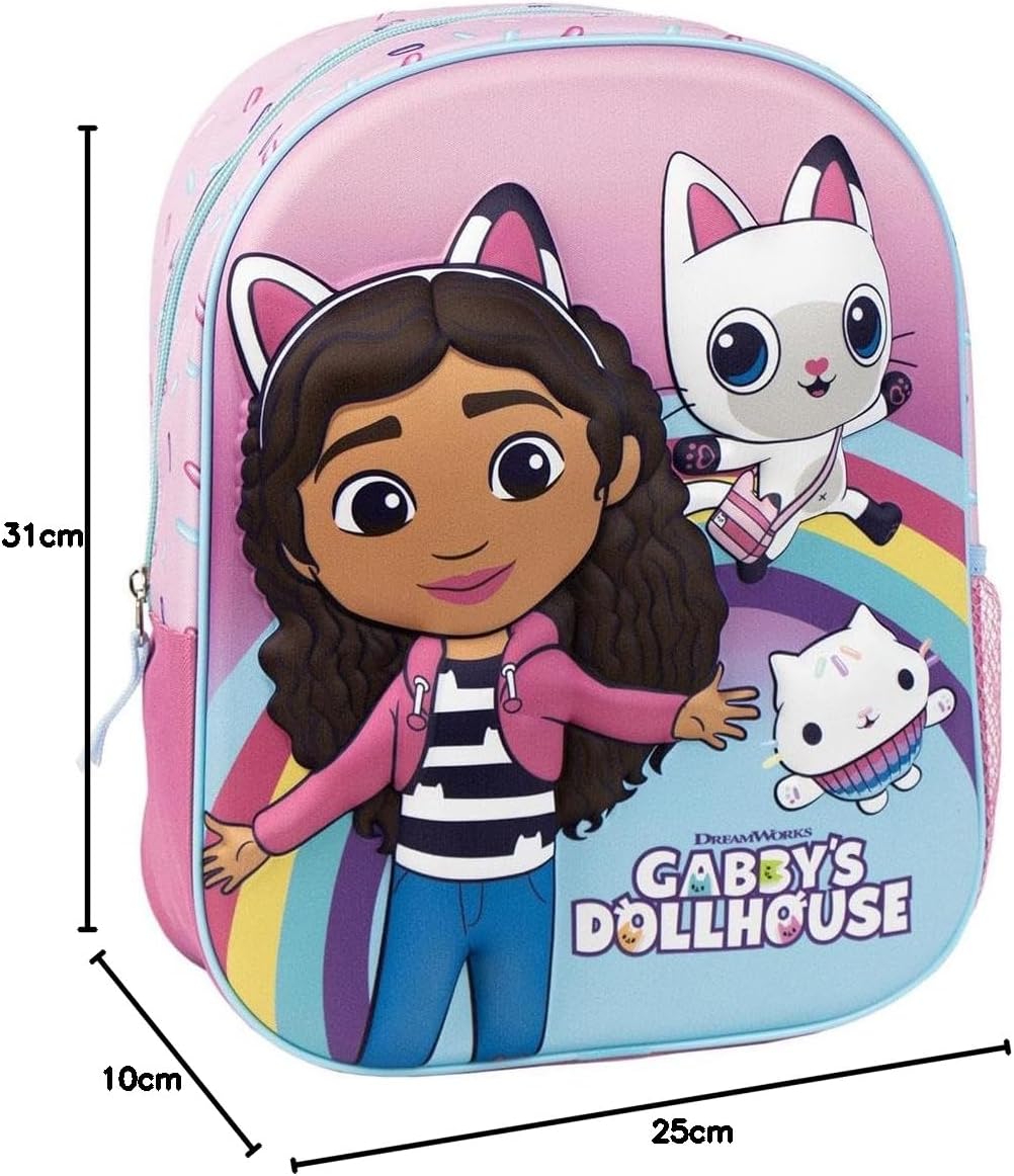 Zaino per bambini di Gabby´s Dollhouse - Colore Rosa - Chiusura con cerniera - 25 x 31 x 10 cm - Zaino per bambini con dettagli in 3D - Maniglie imbottite - Prodotto originale progettato in Spagna