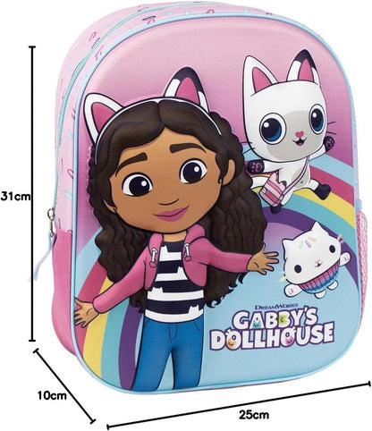 Zaino per bambini di Gabby´s Dollhouse - Colore Rosa - Chiusura con cerniera - 25 x 31 x 10 cm - Zaino per bambini con dettagli in 3D - Maniglie imbottite - Prodotto originale progettato in Spagna