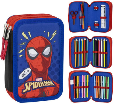 Spiderman 3 Compartment Pencil Case - Blue - 12.5x6.5x19.5cm - Made with 100% Polyester - Zip Closure - Includes Accessories - Original Product Designed in Spain, blue, Pencil Case