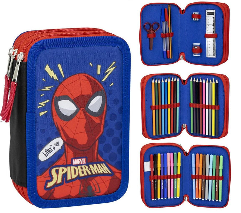 Spiderman 3 Compartment Pencil Case - Blue - 12.5x6.5x19.5cm - Made with 100% Polyester - Zip Closure - Includes Accessories - Original Product Designed in Spain, blue, Pencil Case