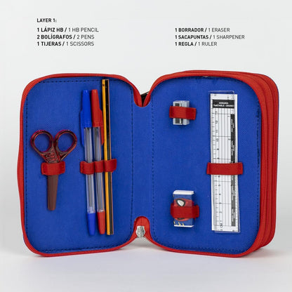 Spiderman 3 Compartment Pencil Case - Blue - 12.5x6.5x19.5cm - Made with 100% Polyester - Zip Closure - Includes Accessories - Original Product Designed in Spain, blue, Pencil Case