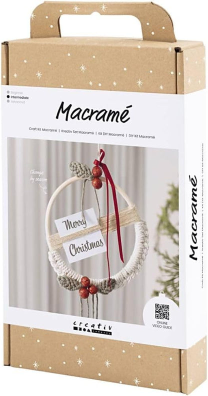 Craft Kit Macramé - Make a Macramé Christmas Wreath in Moss Green, Christmas Red and Off-White - Intermediate Difficulty Level
