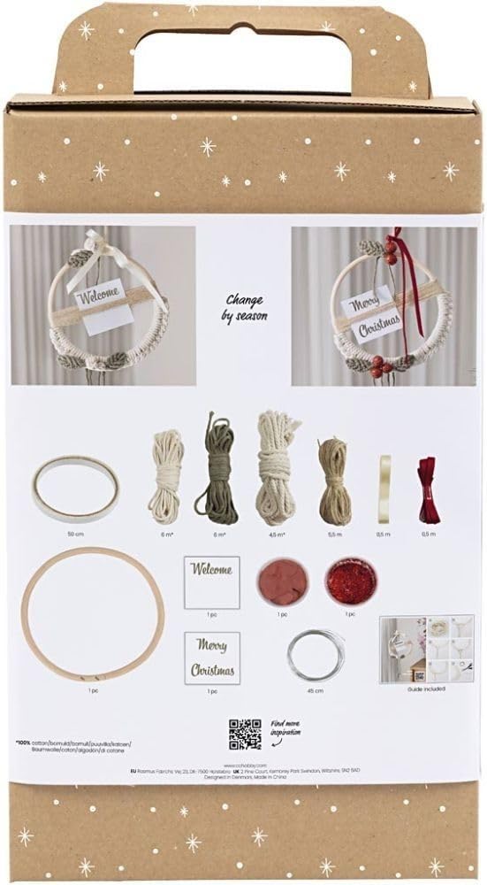 Craft Kit Macramé - Make a Macramé Christmas Wreath in Moss Green, Christmas Red and Off-White - Intermediate Difficulty Level