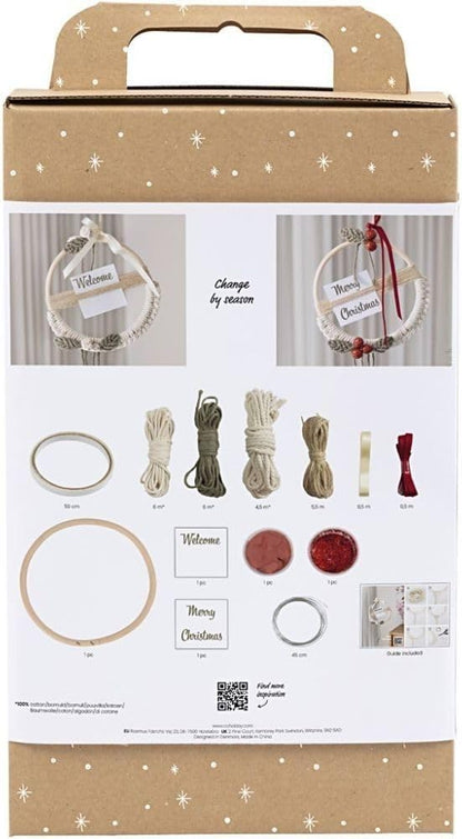 Craft Kit Macramé - Make a Macramé Christmas Wreath in Moss Green, Christmas Red and Off-White - Intermediate Difficulty Level