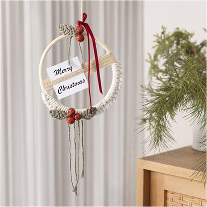 Craft Kit Macramé - Make a Macramé Christmas Wreath in Moss Green, Christmas Red and Off-White - Intermediate Difficulty Level