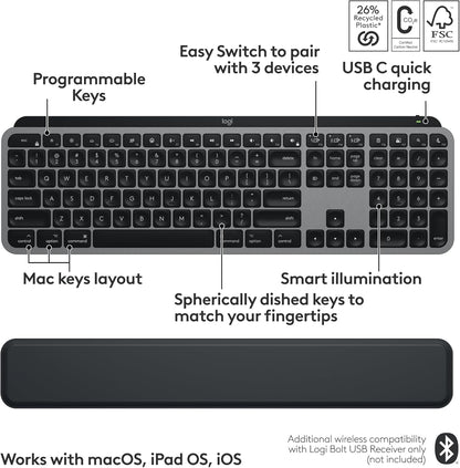Logitech MX Keys S Combo for Mac, Wireless Keyboard and Mouse With Palm Rest, Backlit Keyboard, Fast Scroll Wireless Mouse, Bluetooth USB C for MacBook Pro, Macbook Air, iMac, iPad, QWERTY UK - Grey