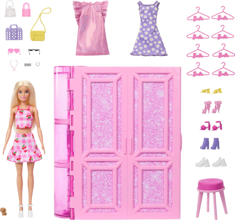 Barbie Dream Closet Toy Playset with Blonde Fashion Doll, Clothes & Accessories, 3-ft-Wide with 25+ Pieces, 3 Complete Looks, HXD58