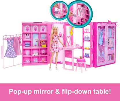 Barbie Dream Closet Toy Playset with Blonde Fashion Doll, Clothes & Accessories, 3-ft-Wide with 25+ Pieces, 3 Complete Looks, HXD58