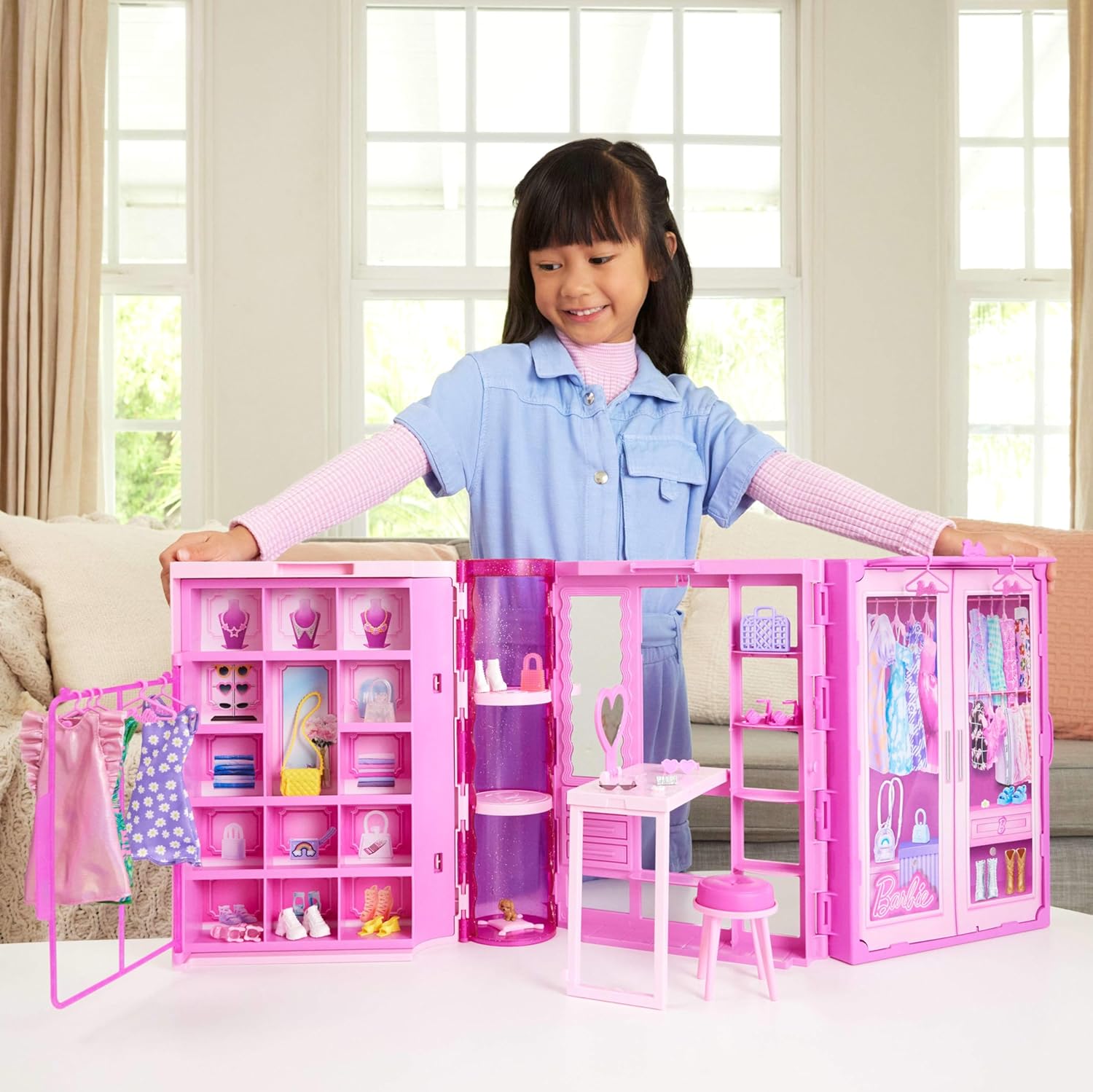 Barbie Dream Closet Toy Playset with Blonde Fashion Doll, Clothes & Accessories, 3-ft-Wide with 25+ Pieces, 3 Complete Looks, HXD58
