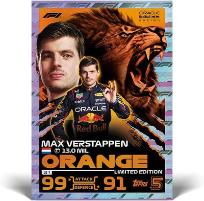 Topps Turbo Attax Formula 1 2024 Starter Pack Contient 20 Cartes Dont Une Carte Verstappen Orange Dutch Lion Le et Une Carte Piastri Emerald Le.