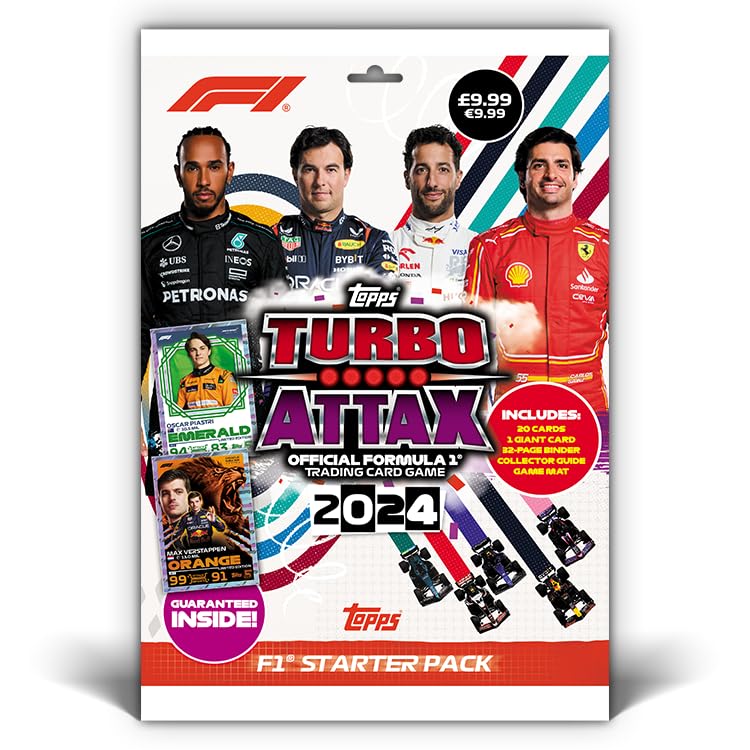 Topps Turbo Attax Formula 1 2024 Starter Pack Contient 20 Cartes Dont Une Carte Verstappen Orange Dutch Lion Le et Une Carte Piastri Emerald Le.