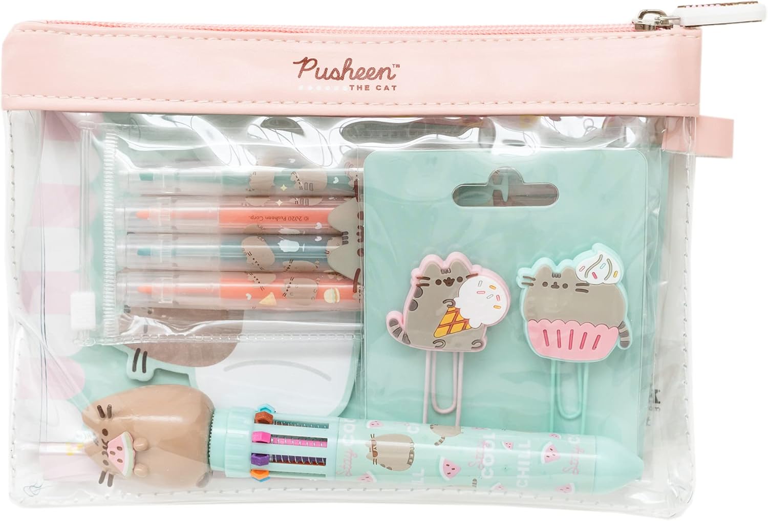 Grupo Erik Schreibwaren Set Pusheen Foodie - Kugelschreiber 10 farben - Federmäppchen Groß - Büroklammern - 4 Textmarker Pastell - Notizzettel Klebend KPGE001