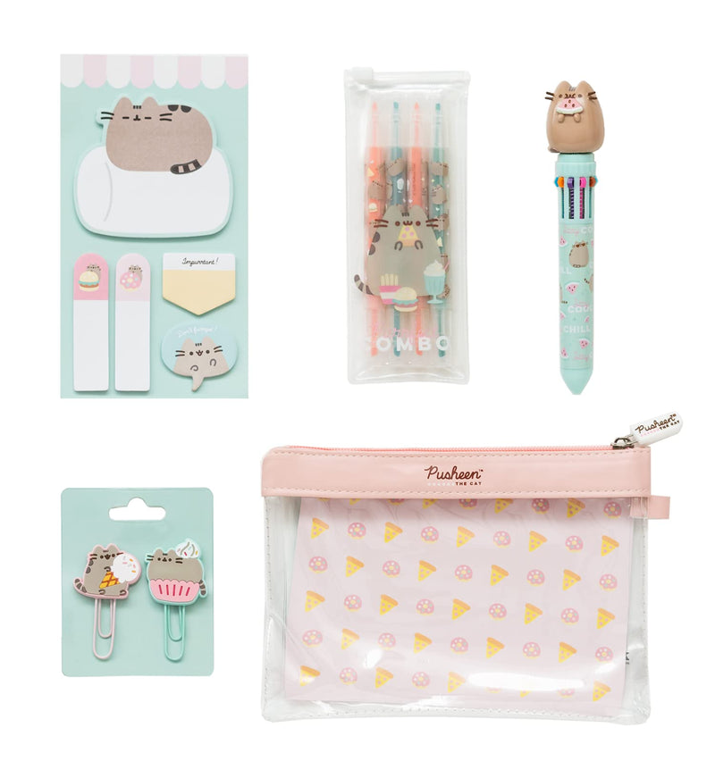 Grupo Erik Schreibwaren Set Pusheen Foodie - Kugelschreiber 10 farben - Federmäppchen Groß - Büroklammern - 4 Textmarker Pastell - Notizzettel Klebend KPGE001