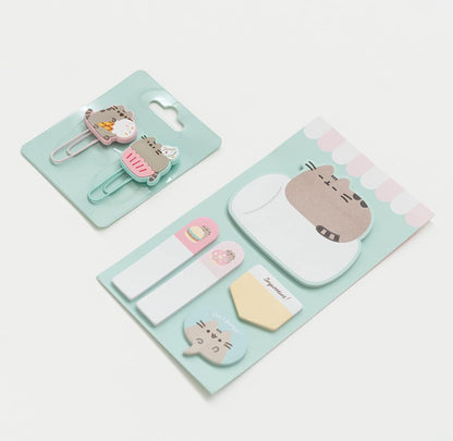 Grupo Erik Schreibwaren Set Pusheen Foodie - Kugelschreiber 10 farben - Federmäppchen Groß - Büroklammern - 4 Textmarker Pastell - Notizzettel Klebend KPGE001
