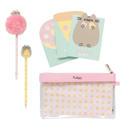 Grupo Erik Schreib Set Pusheen Schreibwaren Set - Kugelschreiber Blaue Mine mit Pusheen Plüsch Topper - Notizheft Klein 3 Stück - Bleistift mit Radiergummi, SEGE001