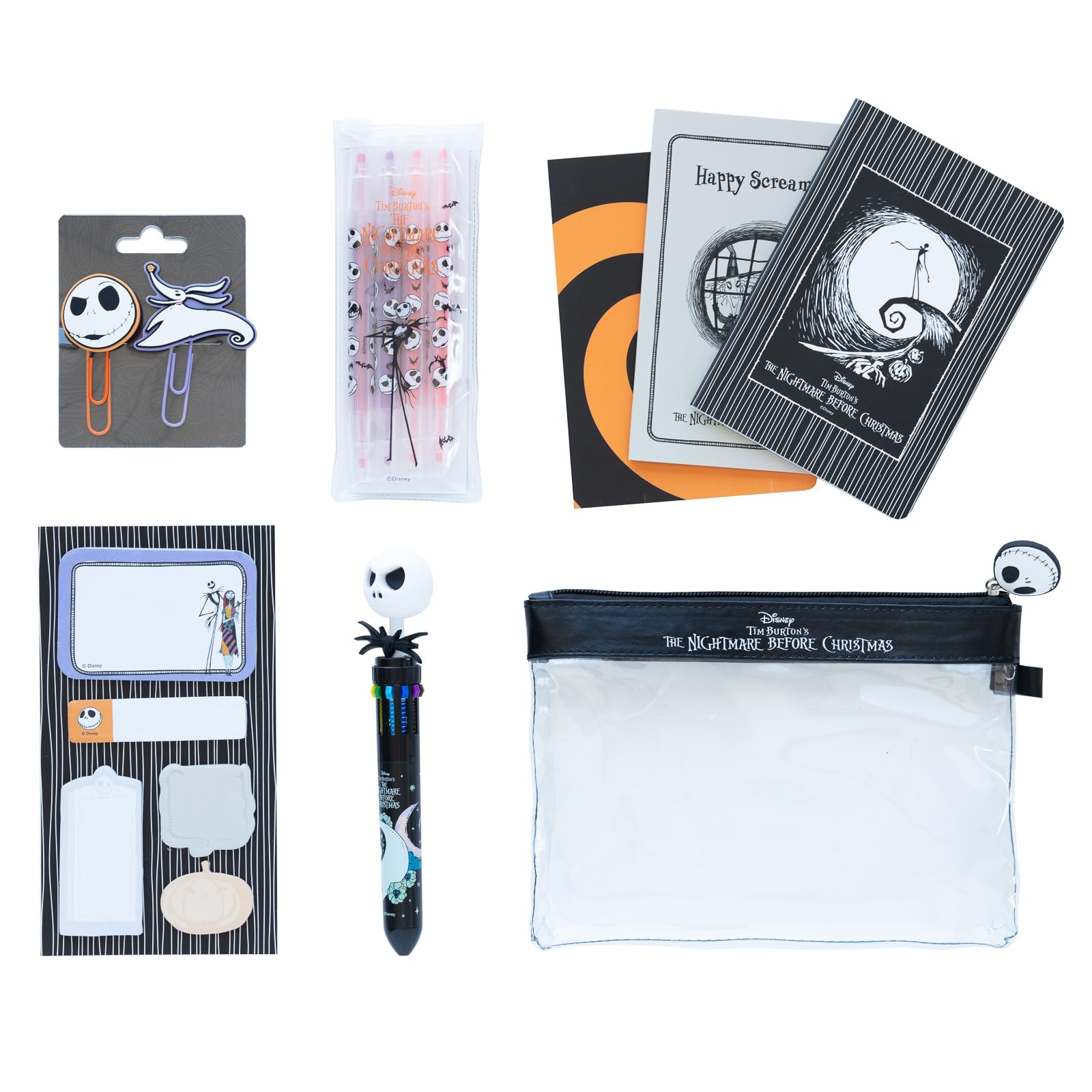 Grupo Erik Schreibwaren Disney The Nightmare Before Christmas -3 A6 Notuzbücher - Kugelschreiber 10 Farben - Federmäppchen Groß - Büroklammern - 4 Textmarker Schwarz Disney