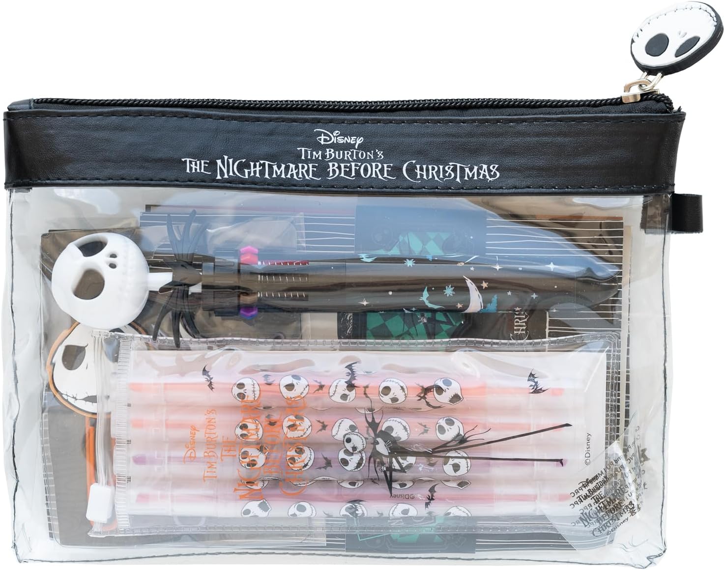 Grupo Erik Schreibwaren Disney The Nightmare Before Christmas -3 A6 Notuzbücher - Kugelschreiber 10 Farben - Federmäppchen Groß - Büroklammern - 4 Textmarker Schwarz Disney