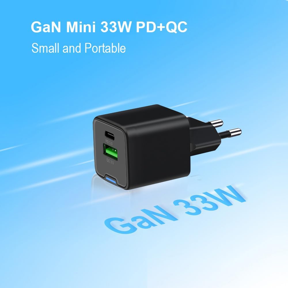 Conceptronic Caricatore USB PD a 2 Porte 33 W GaN con Cavo di Ricarica 3 in 1, USB-C x 1, USB-A x 1, QC 3.0, PPS