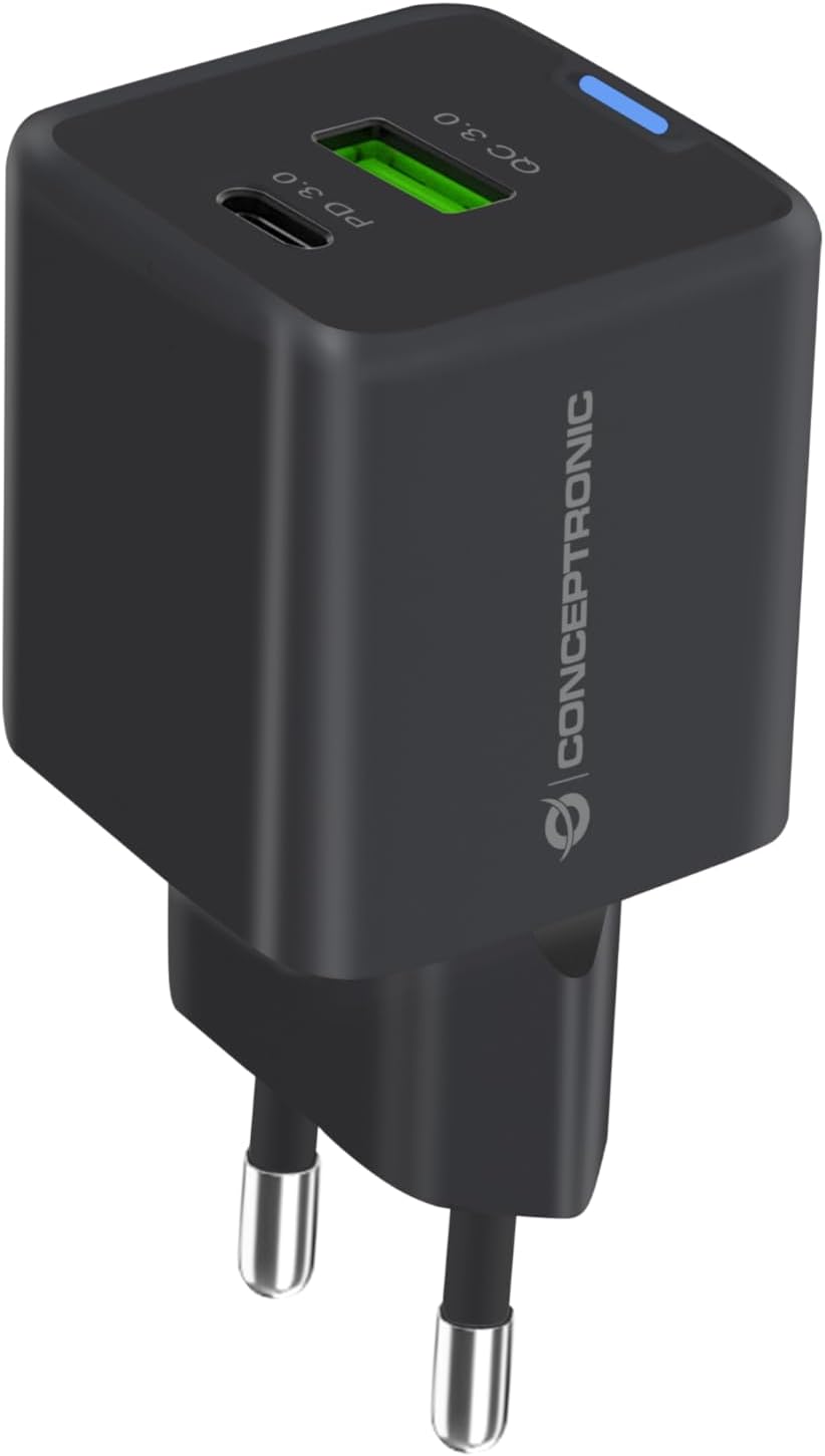 Conceptronic Caricatore USB PD a 2 Porte 33 W GaN con Cavo di Ricarica 3 in 1, USB-C x 1, USB-A x 1, QC 3.0, PPS