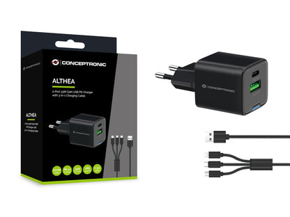 Conceptronic Caricatore USB PD a 2 Porte 33 W GaN con Cavo di Ricarica 3 in 1, USB-C x 1, USB-A x 1, QC 3.0, PPS