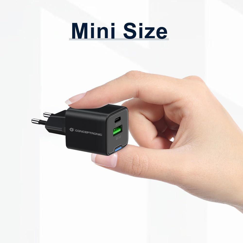 Conceptronic Caricatore USB PD a 2 Porte 33 W GaN con Cavo di Ricarica 3 in 1, USB-C x 1, USB-A x 1, QC 3.0, PPS