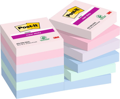Post-it Foglietti Super Sticky, Collezione Soulful, Confezione da 12 blocchetti, 90 Fogli per blocco, 47,6 mm x 47,6 mm, Colori Rosa, Viola, Verde, Grigio, Azzurro. Per Appunti, Elenchi & Promemoria