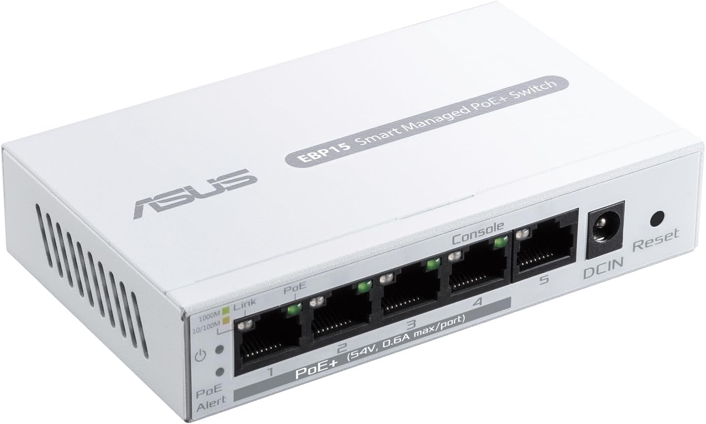ASUS ExpertWiFi EBP15 Switch PoE+ Smart Managed a 5 porte GbE, 4 PoE+, 60 watt, supporto QoS, IGMP, Montaggio a parete