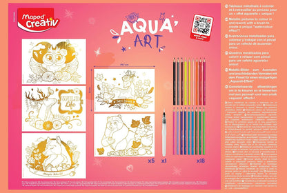 Lápices Acuarelables - Maxi Set Aqua Art - Juego de Dibujos para Colorear - Diseños Tamaño A4 con Efecto Metalizado - Incluye 18 Lápices de Colores y un Pincel - 297 x 210 mm - Maped