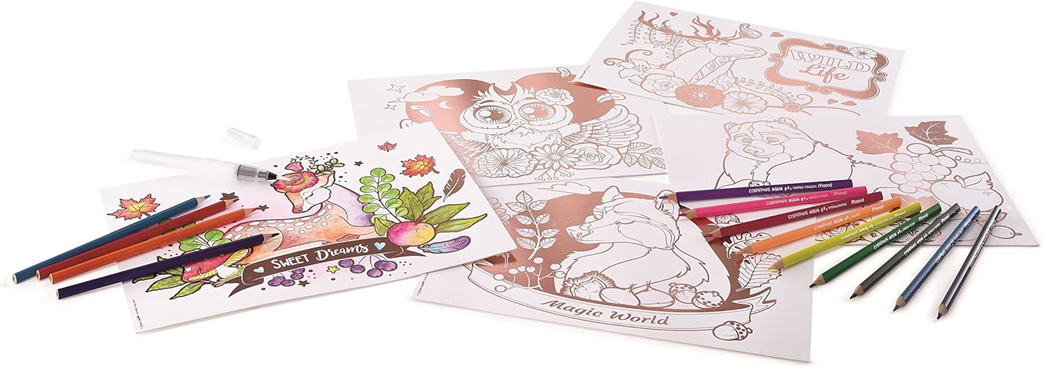 Lápices Acuarelables - Maxi Set Aqua Art - Juego de Dibujos para Colorear - Diseños Tamaño A4 con Efecto Metalizado - Incluye 18 Lápices de Colores y un Pincel - 297 x 210 mm - Maped
