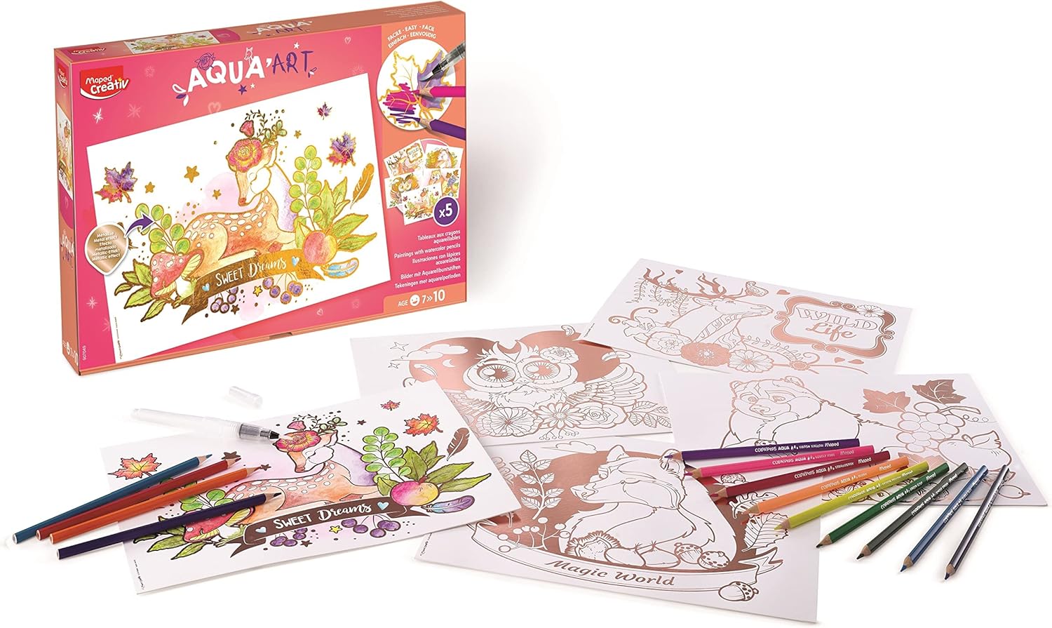 Lápices Acuarelables - Maxi Set Aqua Art - Juego de Dibujos para Colorear - Diseños Tamaño A4 con Efecto Metalizado - Incluye 18 Lápices de Colores y un Pincel - 297 x 210 mm - Maped