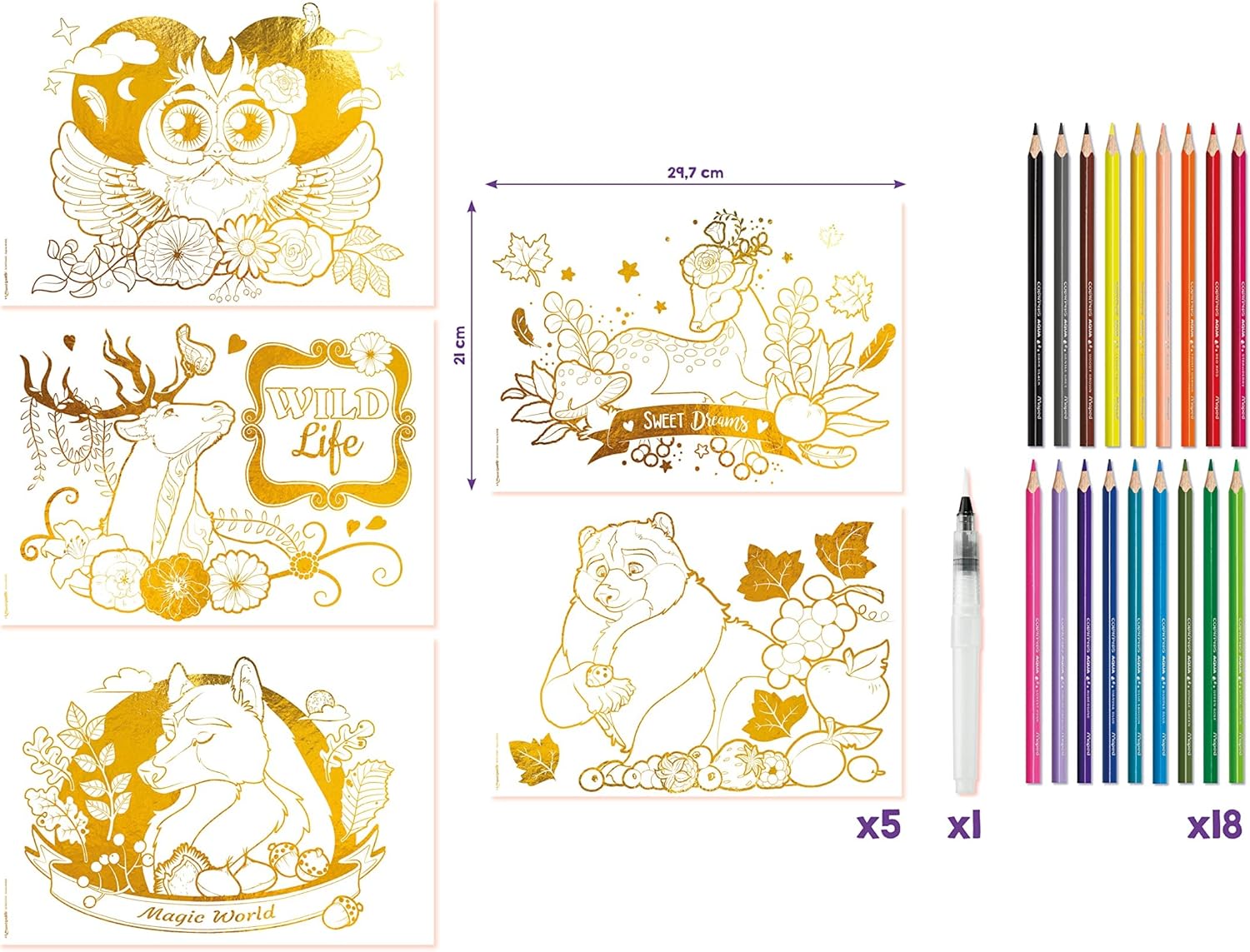 Lápices Acuarelables - Maxi Set Aqua Art - Juego de Dibujos para Colorear - Diseños Tamaño A4 con Efecto Metalizado - Incluye 18 Lápices de Colores y un Pincel - 297 x 210 mm - Maped