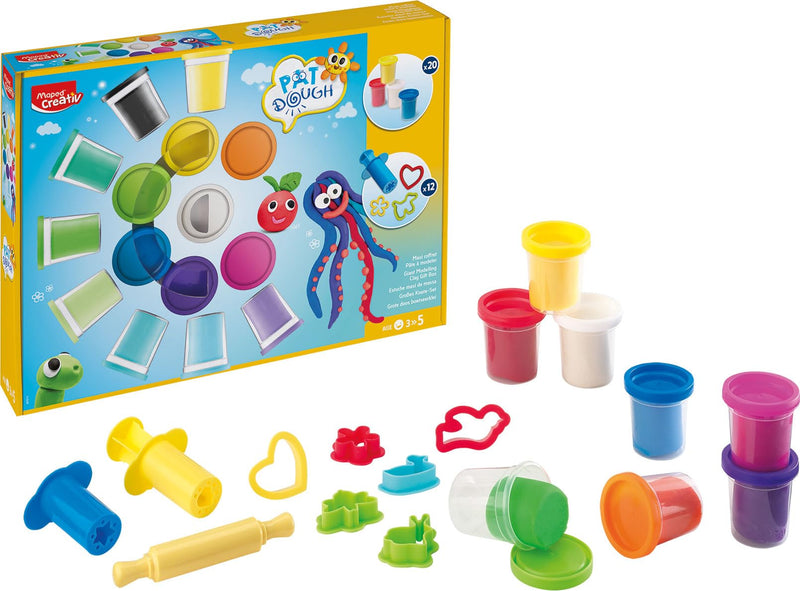 Maped Creativ Pat'Dough - Pasta modellabile per bambini, 20 barattoli di pasta modellabile e 12 accessori, 20 barattoli da 56 g, colori arcobaleno