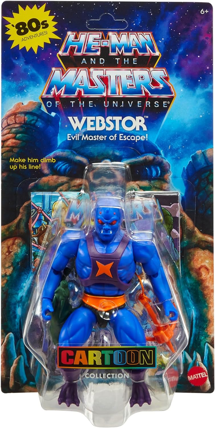 Masters of the Universe MOTU Origins Cartoon Collection Webstor, Figura de acción azul con gancho de agarre y estatua de Grimalkin, juguete regalo para niños y niñas +6 años, HYD36