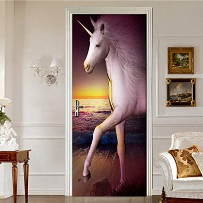 Ruifulex Türtapete Fototapete 3D Weißes Pferd Persönlichkeit Kunst Tür Aufkleber Wasserdicht Dekoration Wandbild Schlafzimmer Tür Aufkleber Wandtattoos