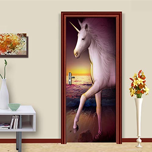 Ruifulex Türtapete Fototapete 3D Weißes Pferd Persönlichkeit Kunst Tür Aufkleber Wasserdicht Dekoration Wandbild Schlafzimmer Tür Aufkleber Wandtattoos