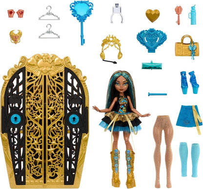Monster High Skulltimate Secrets Doll and Accessories Set, Monster Mysteries Cleo De Nile with Dress-Up Closet and 19+ Surprises including Clothes, HXH86